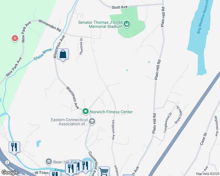 map of restaurants, bars, coffee shops, grocery stores, and more near 3 Old Oak Road in Norwich