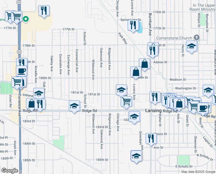 map of restaurants, bars, coffee shops, grocery stores, and more near 18034 Ridgewood Avenue in Lansing