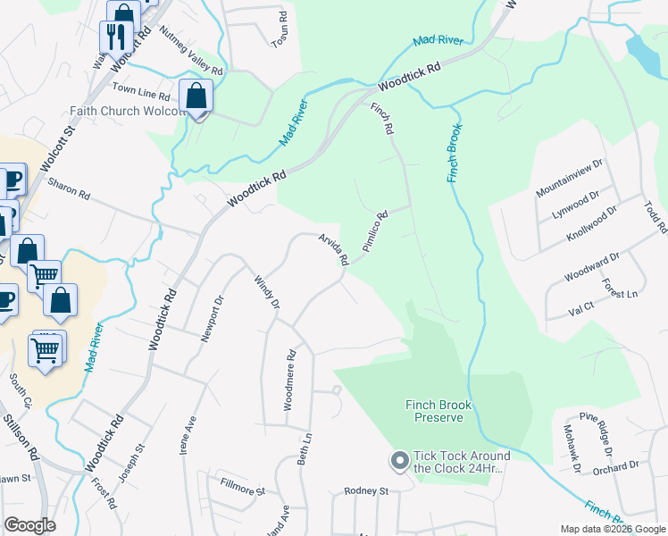 map of restaurants, bars, coffee shops, grocery stores, and more near 46 Arvida Road in Wolcott