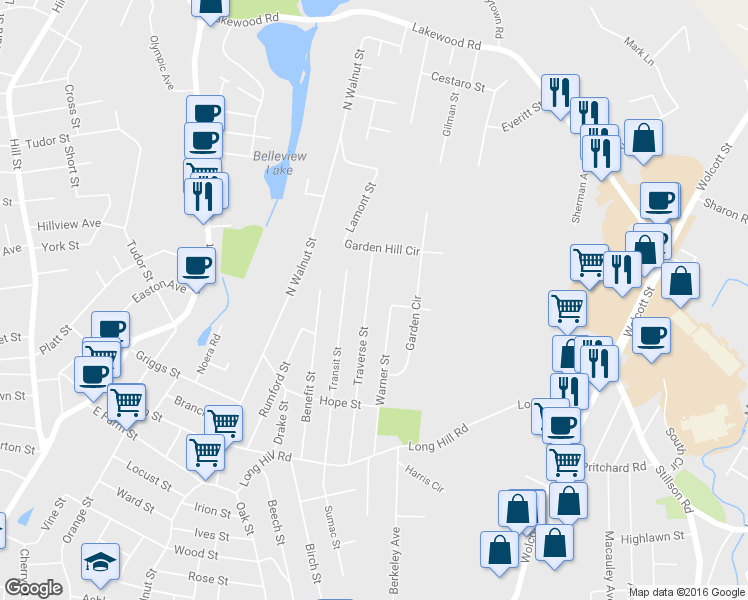 map of restaurants, bars, coffee shops, grocery stores, and more near 260 Traverse Street in Waterbury