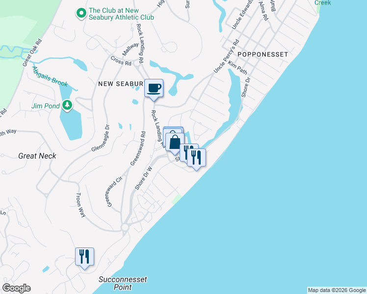 map of restaurants, bars, coffee shops, grocery stores, and more near 17 Uncatena Road in Mashpee