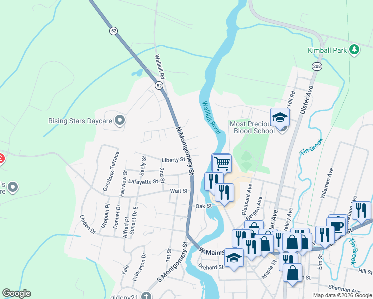 map of restaurants, bars, coffee shops, grocery stores, and more near North Montgomery Street in Walden