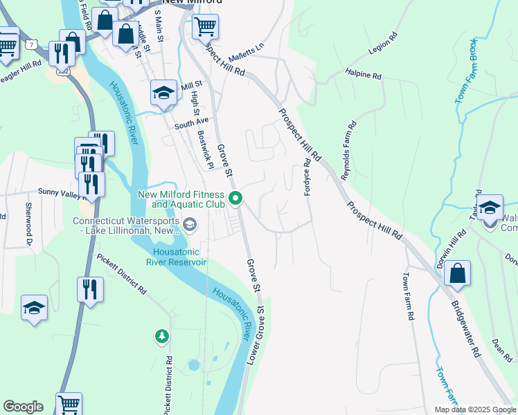 map of restaurants, bars, coffee shops, grocery stores, and more near 84 Valley Drive in New Milford