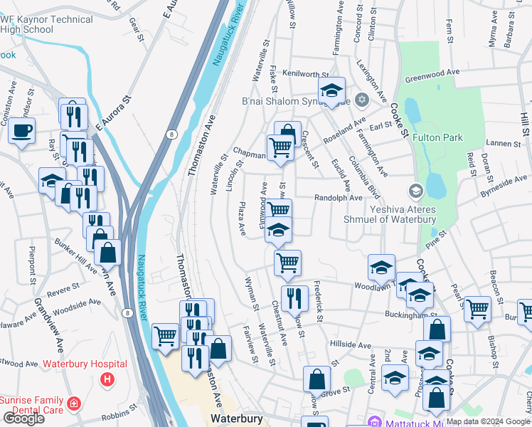 map of restaurants, bars, coffee shops, grocery stores, and more near 38 Elmwood Avenue in Waterbury