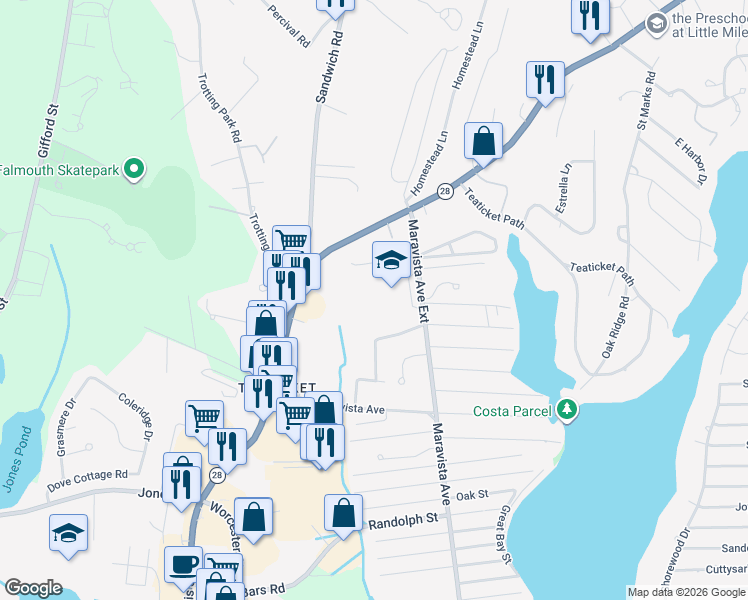 map of restaurants, bars, coffee shops, grocery stores, and more near 45 Maravista Avenue Extension in Falmouth
