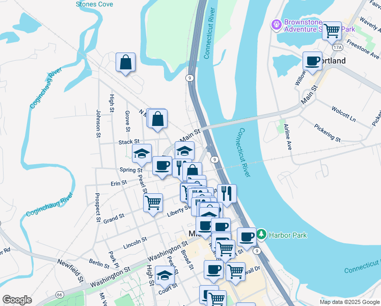 map of restaurants, bars, coffee shops, grocery stores, and more near 50 Saint Johns Street in Middletown