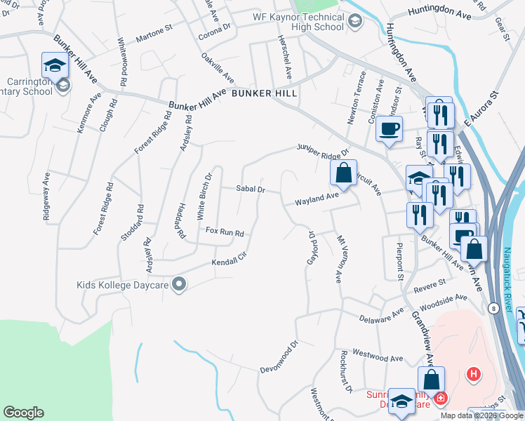 map of restaurants, bars, coffee shops, grocery stores, and more near 15 Kendall Circle in Waterbury