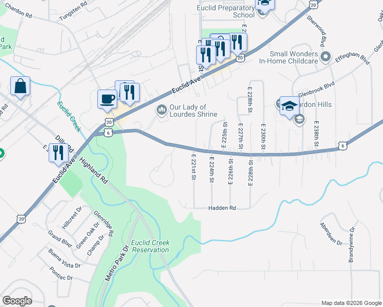 map of restaurants, bars, coffee shops, grocery stores, and more near 21800 U.S. 6 in Euclid