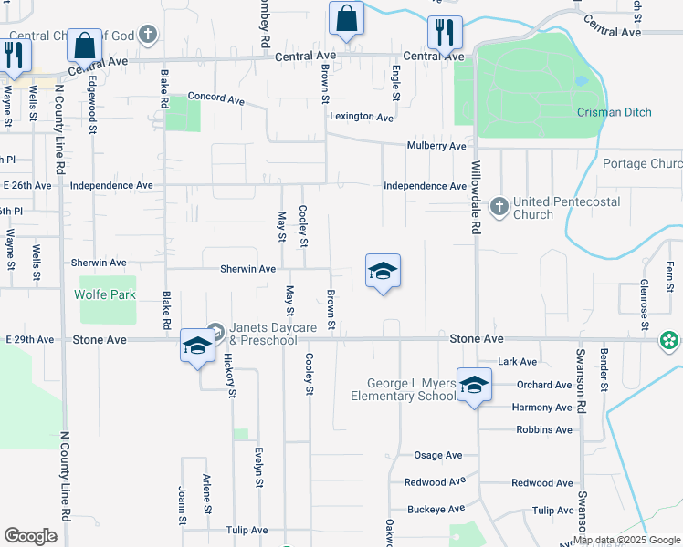 map of restaurants, bars, coffee shops, grocery stores, and more near 2903 Brown Street in Portage