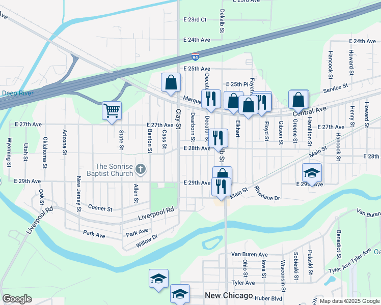 map of restaurants, bars, coffee shops, grocery stores, and more near 2712 Dearborn Street in Gary