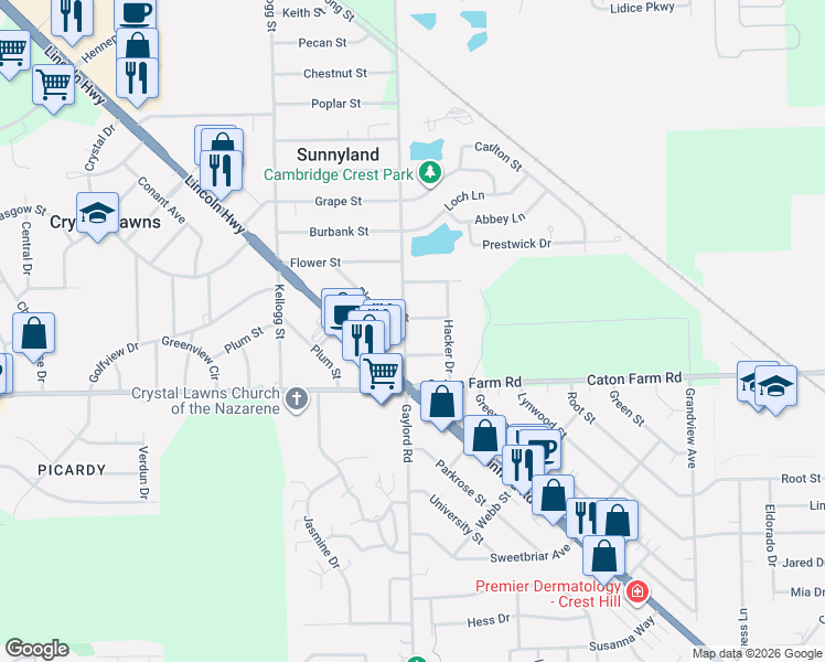map of restaurants, bars, coffee shops, grocery stores, and more near 2320 Blossom Street in Joliet