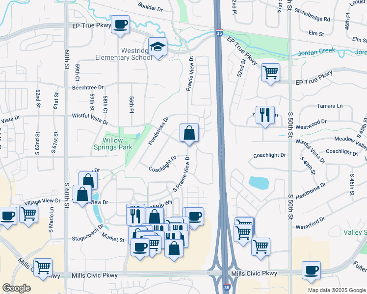 map of restaurants, bars, coffee shops, grocery stores, and more near 5405 Wistful Vista Drive in West Des Moines