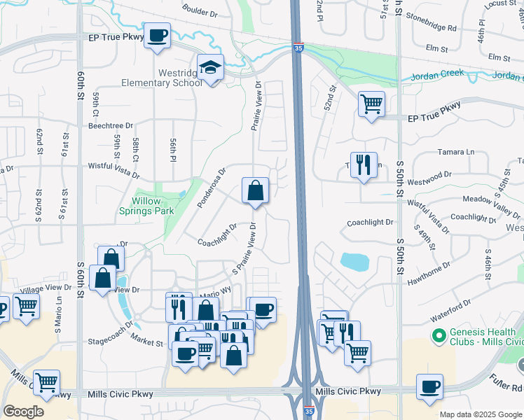 map of restaurants, bars, coffee shops, grocery stores, and more near 5405 Wistful Vista Drive in West Des Moines