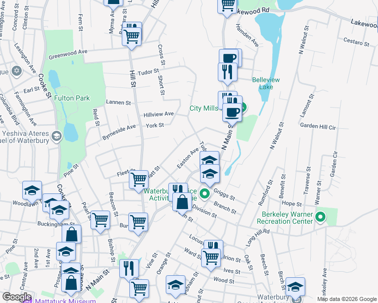 map of restaurants, bars, coffee shops, grocery stores, and more near 173 Easton Avenue in Waterbury