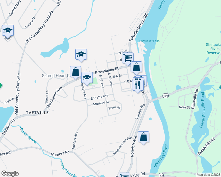 map of restaurants, bars, coffee shops, grocery stores, and more near 40 South B Street in Norwich