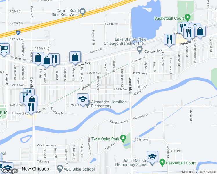 map of restaurants, bars, coffee shops, grocery stores, and more near 1610 East 28th Avenue in Gary