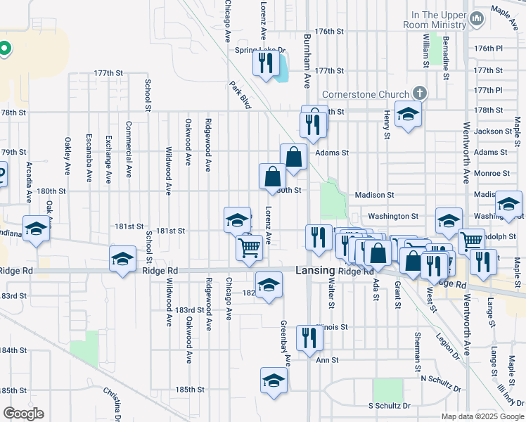 map of restaurants, bars, coffee shops, grocery stores, and more near 18013 Lorenz Avenue in Lansing