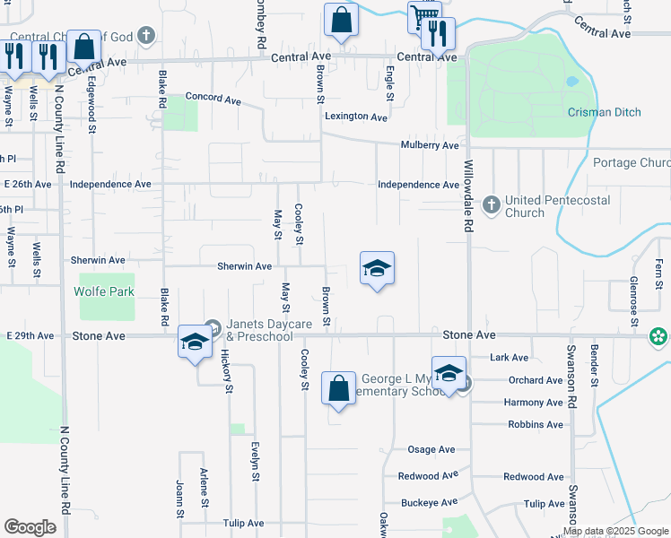 map of restaurants, bars, coffee shops, grocery stores, and more near 2921 Brown Street in Portage