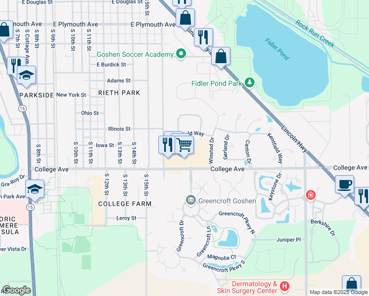 map of restaurants, bars, coffee shops, grocery stores, and more near 1422 Cedarbrook Court in Goshen