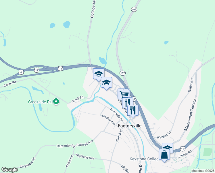 map of restaurants, bars, coffee shops, grocery stores, and more near 176 College Avenue in Factoryville