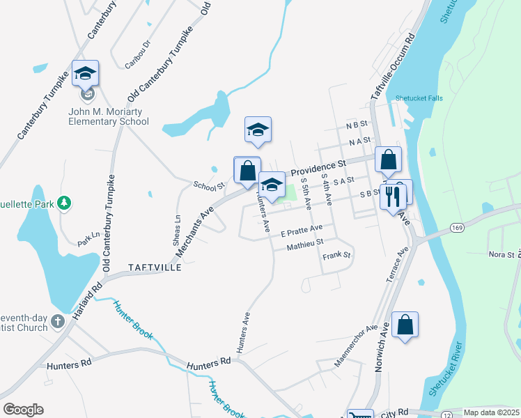map of restaurants, bars, coffee shops, grocery stores, and more near 12 Hunters Avenue in Norwich