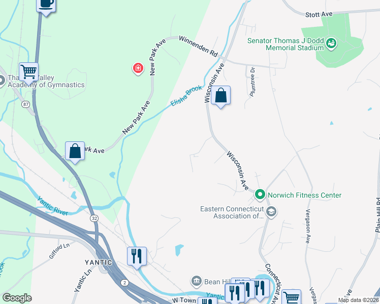 map of restaurants, bars, coffee shops, grocery stores, and more near 50 Oxford Drive in Norwich