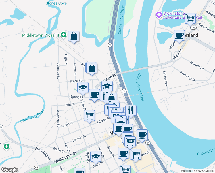 map of restaurants, bars, coffee shops, grocery stores, and more near 50 Saint Johns Street in Middletown