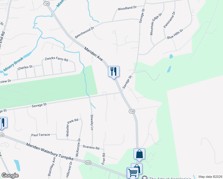 map of restaurants, bars, coffee shops, grocery stores, and more near 1244 Meriden Avenue in Southington