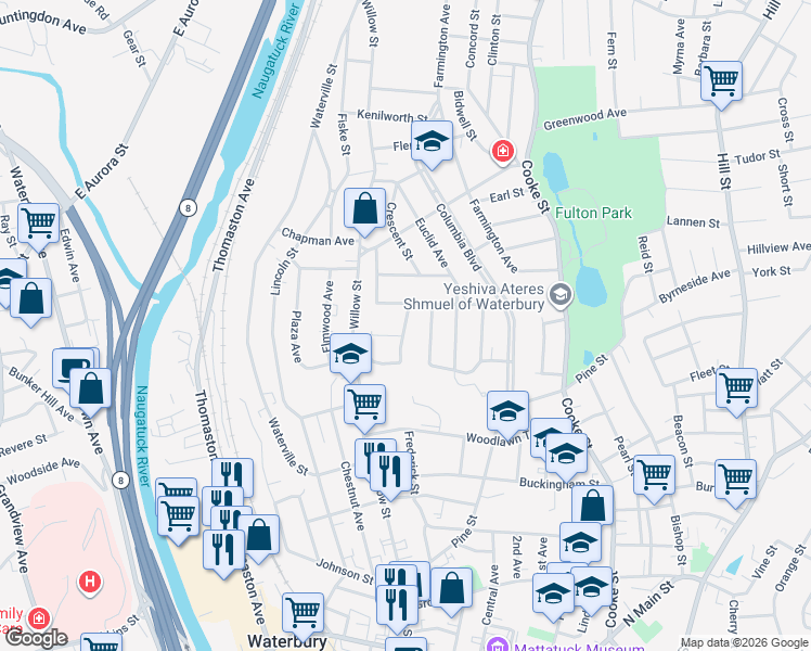 map of restaurants, bars, coffee shops, grocery stores, and more near in Waterbury