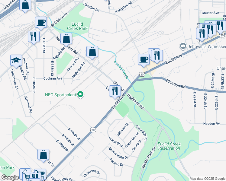 map of restaurants, bars, coffee shops, grocery stores, and more near 1536 Dille Road in Euclid
