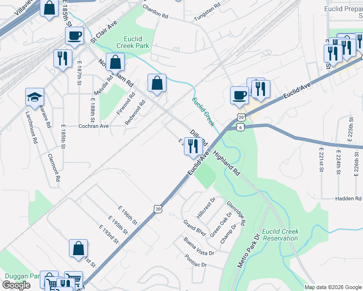 map of restaurants, bars, coffee shops, grocery stores, and more near 1496 East 204th Street in Euclid