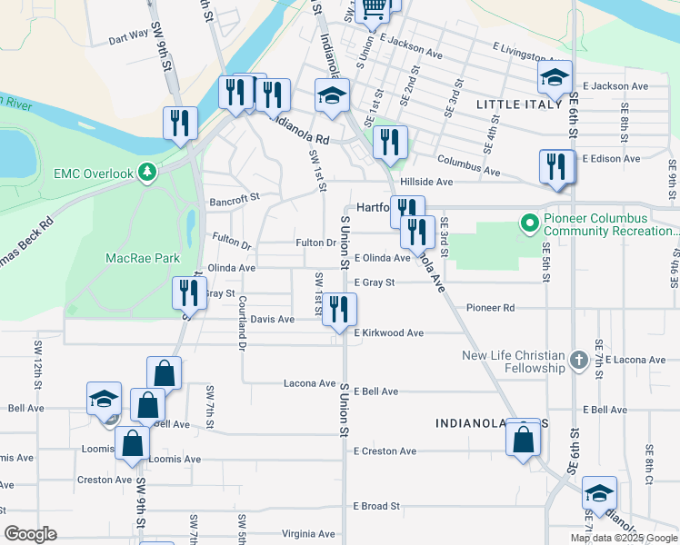 map of restaurants, bars, coffee shops, grocery stores, and more near 2112 South Union Street in Des Moines