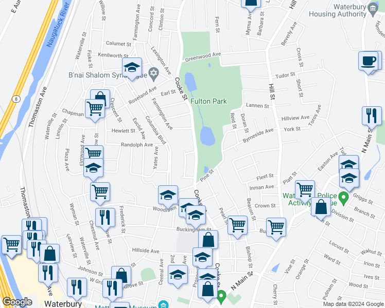 map of restaurants, bars, coffee shops, grocery stores, and more near 349 Cooke Street in Waterbury