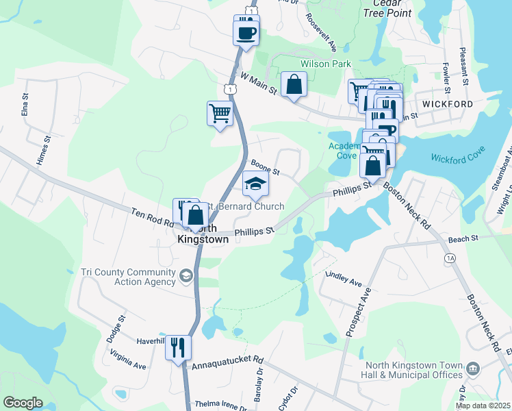 map of restaurants, bars, coffee shops, grocery stores, and more near 250 Tower Hill Road in North Kingstown