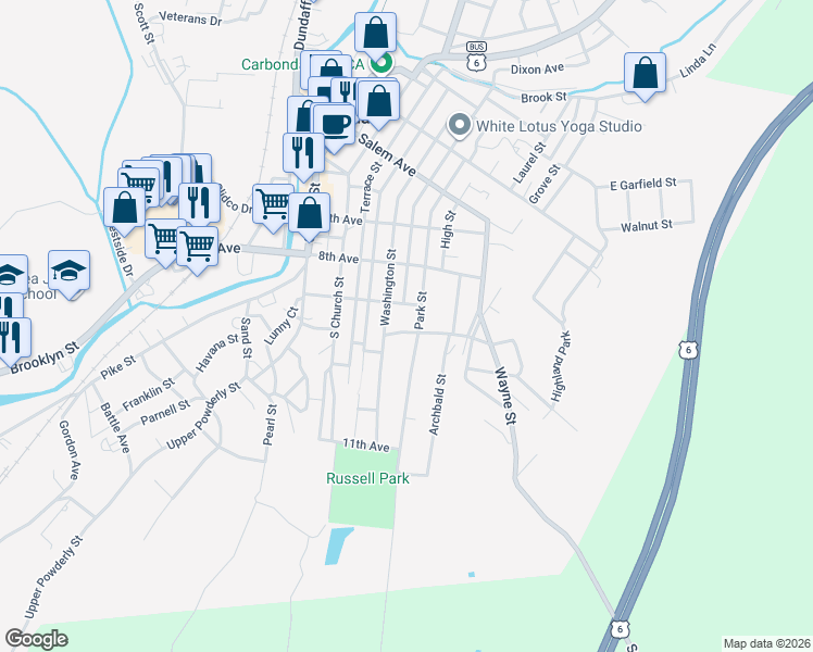 map of restaurants, bars, coffee shops, grocery stores, and more near 60 9th Avenue in Carbondale