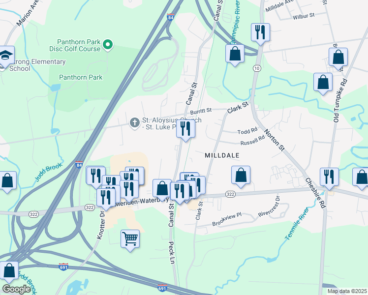 map of restaurants, bars, coffee shops, grocery stores, and more near 409 Canal Street in Southington