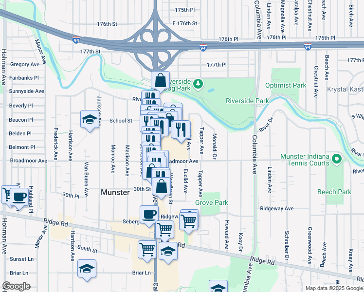 map of restaurants, bars, coffee shops, grocery stores, and more near 8005 Calumet Avenue in Munster