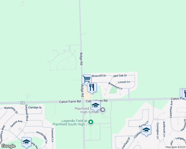 map of restaurants, bars, coffee shops, grocery stores, and more near 7803 Briarcliff Drive in Plainfield