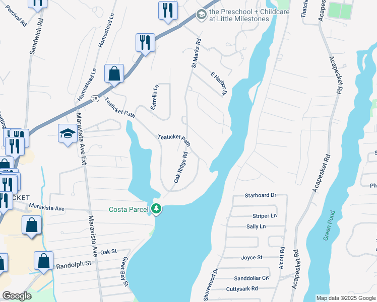 map of restaurants, bars, coffee shops, grocery stores, and more near 8 Oak Ridge Road in Falmouth