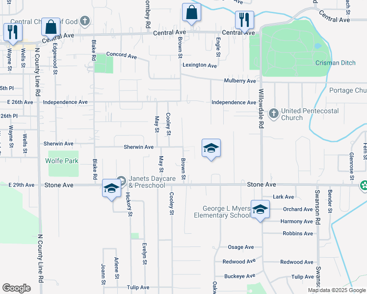 map of restaurants, bars, coffee shops, grocery stores, and more near 2903 Brown Street in Portage
