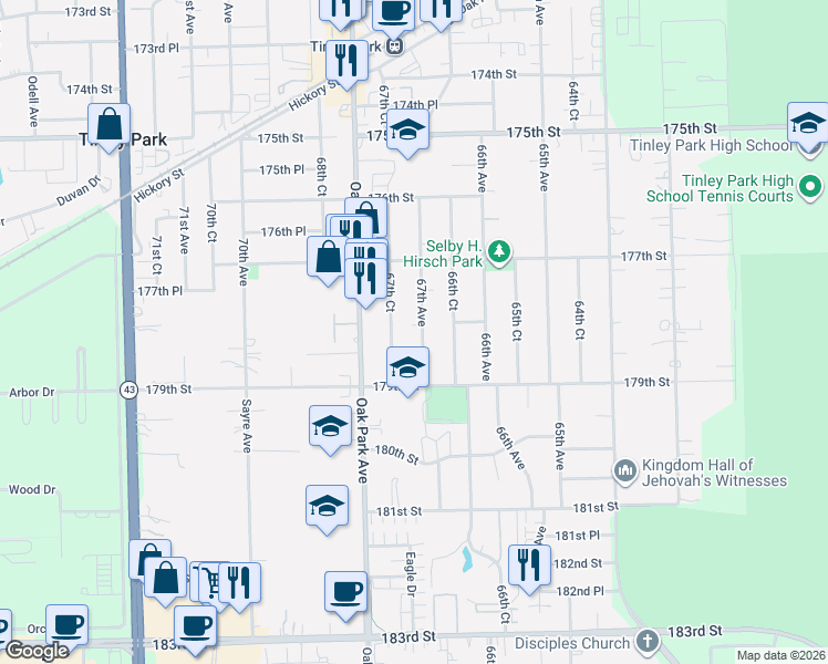 map of restaurants, bars, coffee shops, grocery stores, and more near 17757 67th Avenue in Tinley Park