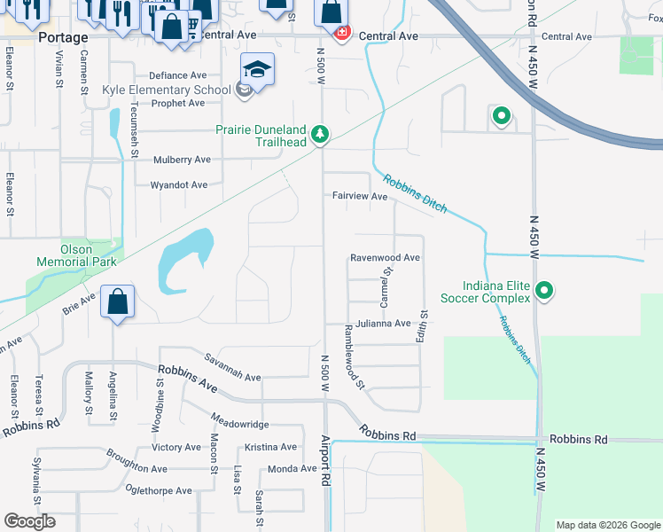 map of restaurants, bars, coffee shops, grocery stores, and more near 2903 Airport Road in Portage