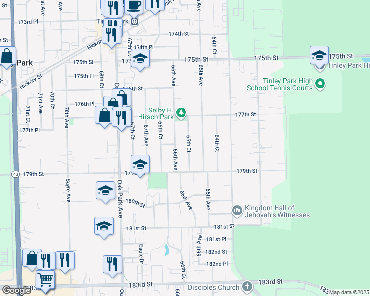 map of restaurants, bars, coffee shops, grocery stores, and more near 17758 65th Court in Tinley Park