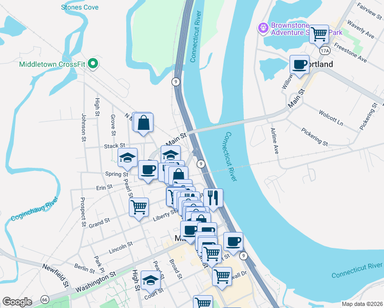 map of restaurants, bars, coffee shops, grocery stores, and more near 11 Saint Johns Square in Middletown