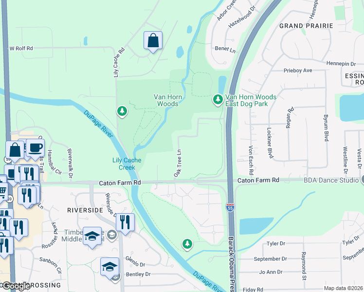 map of restaurants, bars, coffee shops, grocery stores, and more near 2514 Oak Tree Lane in Plainfield