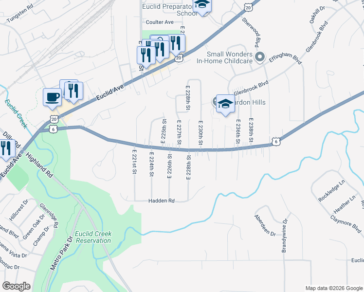 map of restaurants, bars, coffee shops, grocery stores, and more near 22731 Chardon Road in Euclid