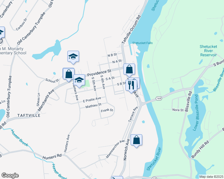 map of restaurants, bars, coffee shops, grocery stores, and more near 11 South B Street in Norwich