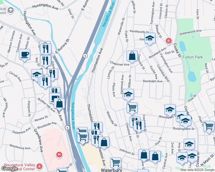 map of restaurants, bars, coffee shops, grocery stores, and more near 163 Plaza Avenue in Waterbury