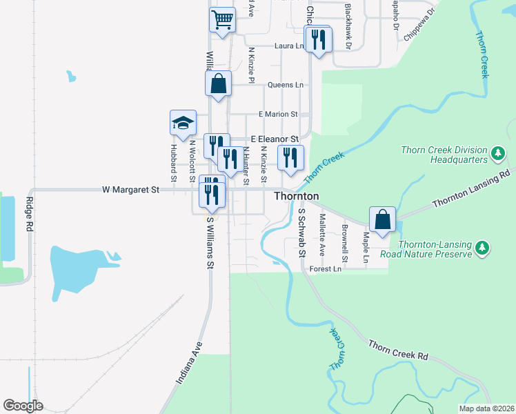 map of restaurants, bars, coffee shops, grocery stores, and more near 108 South Kinzie Street in Thornton