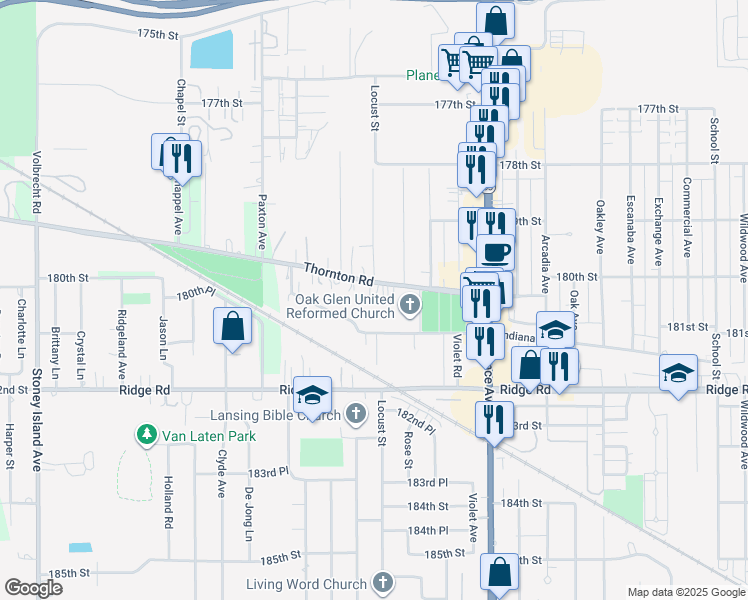 map of restaurants, bars, coffee shops, grocery stores, and more near 2201 Thornton Lansing Road in Lansing